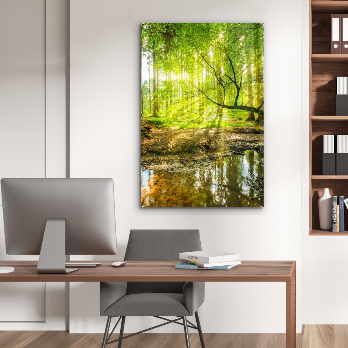 ACRYLGLASBILD Wald - Landschaft - Wasser - Bäume - Sonne - Grün - Natur 80x120 cm - Grün, Glas (80/120cm) - MuchoWow