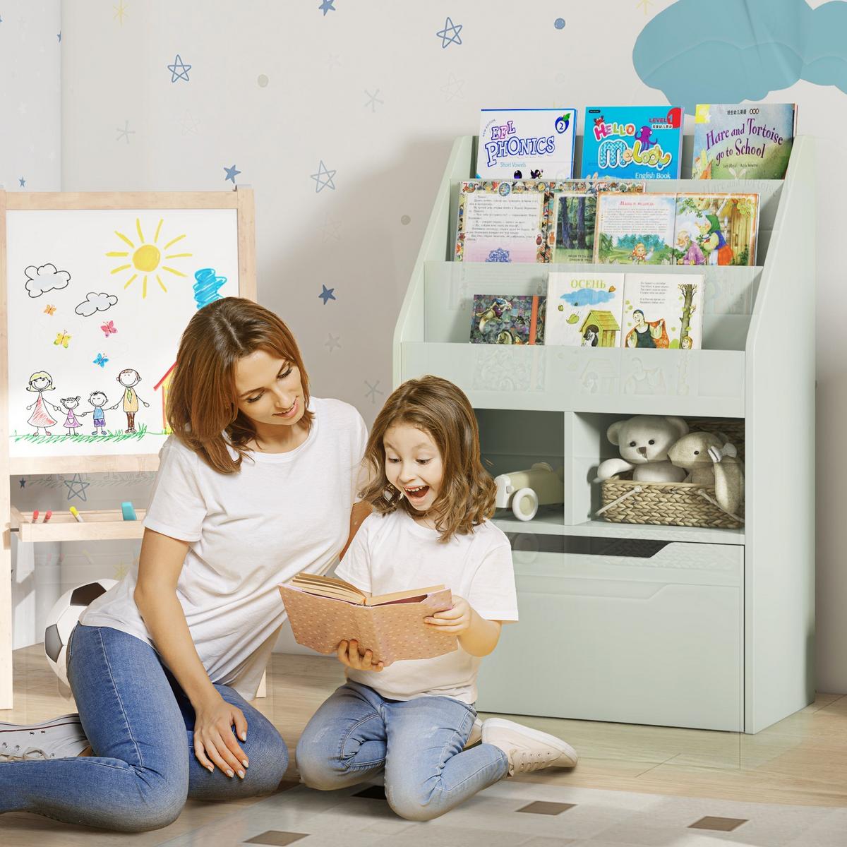 KINDER Bücherregal Kinderregal mit Schublade, 3 Ablagefächern, 2 offenen Fächern - Grün, Holzwerkstoff (29.9/90/60cm) - HOMCOM