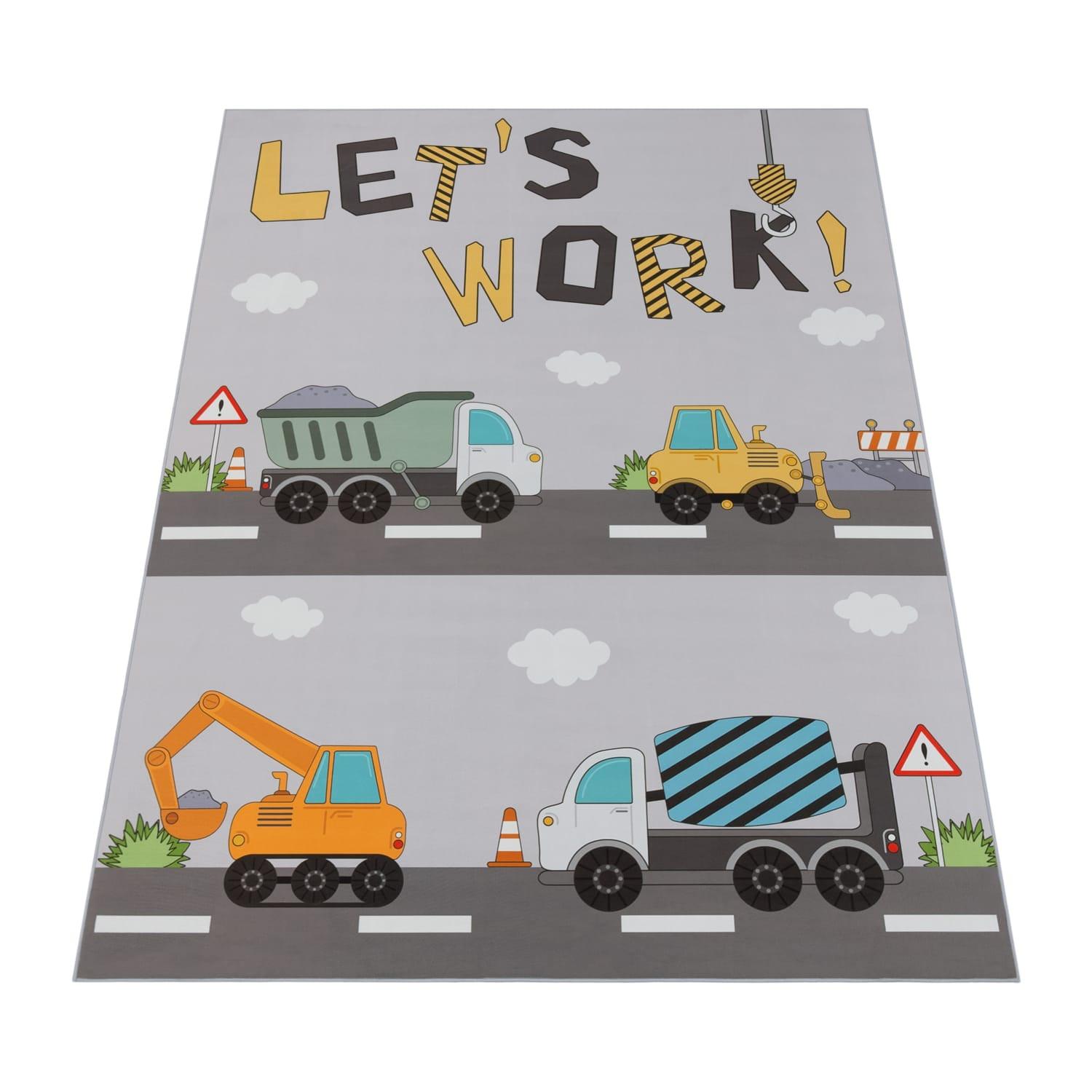 KINDERTEPPICH Waschbar, mit Baustellenfahrzeug-Motiv, Grau, 100 x 200 cm - Grau, Textil (200/100cm) - KADIMA DESIGN