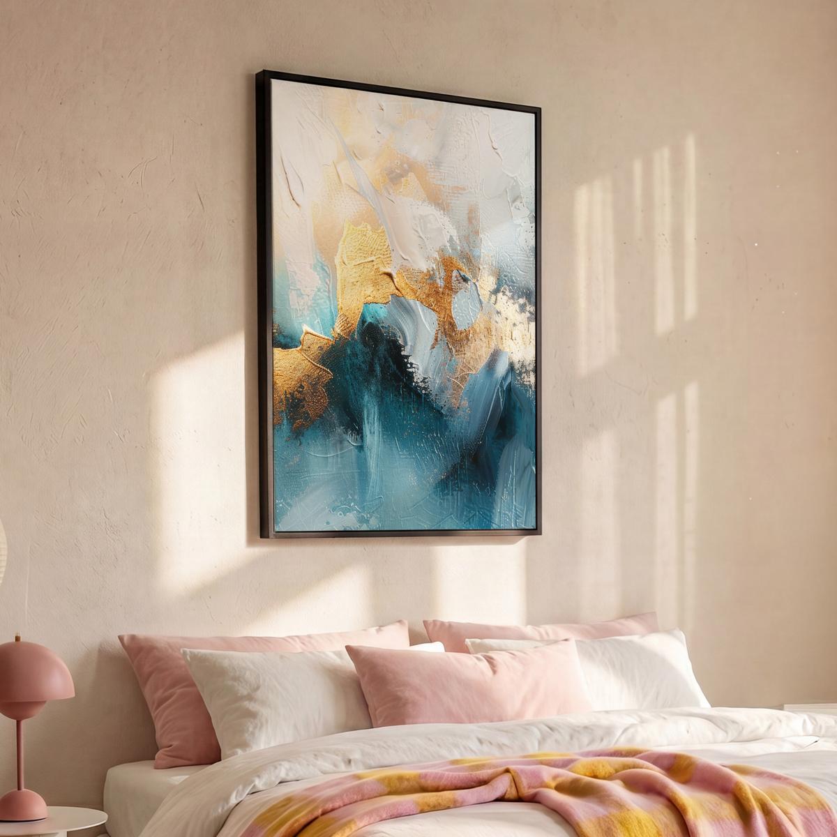 LEINWAND Bilder mit Rahmen - Abstrakt - Kunst - Gold - Blau - 80x120 - Petrol, Textil (80/120cm) - MuchoWow