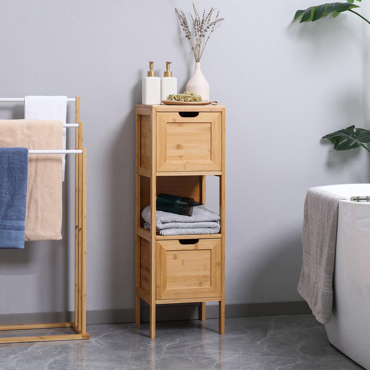 BADEZIMMERSCHRANK, Badschrank aus Bambus, Aufbewahrungsschrank, 30 x 30 x 90 cm - Naturfarben, Holz (30/90/30cm) - Kleankin