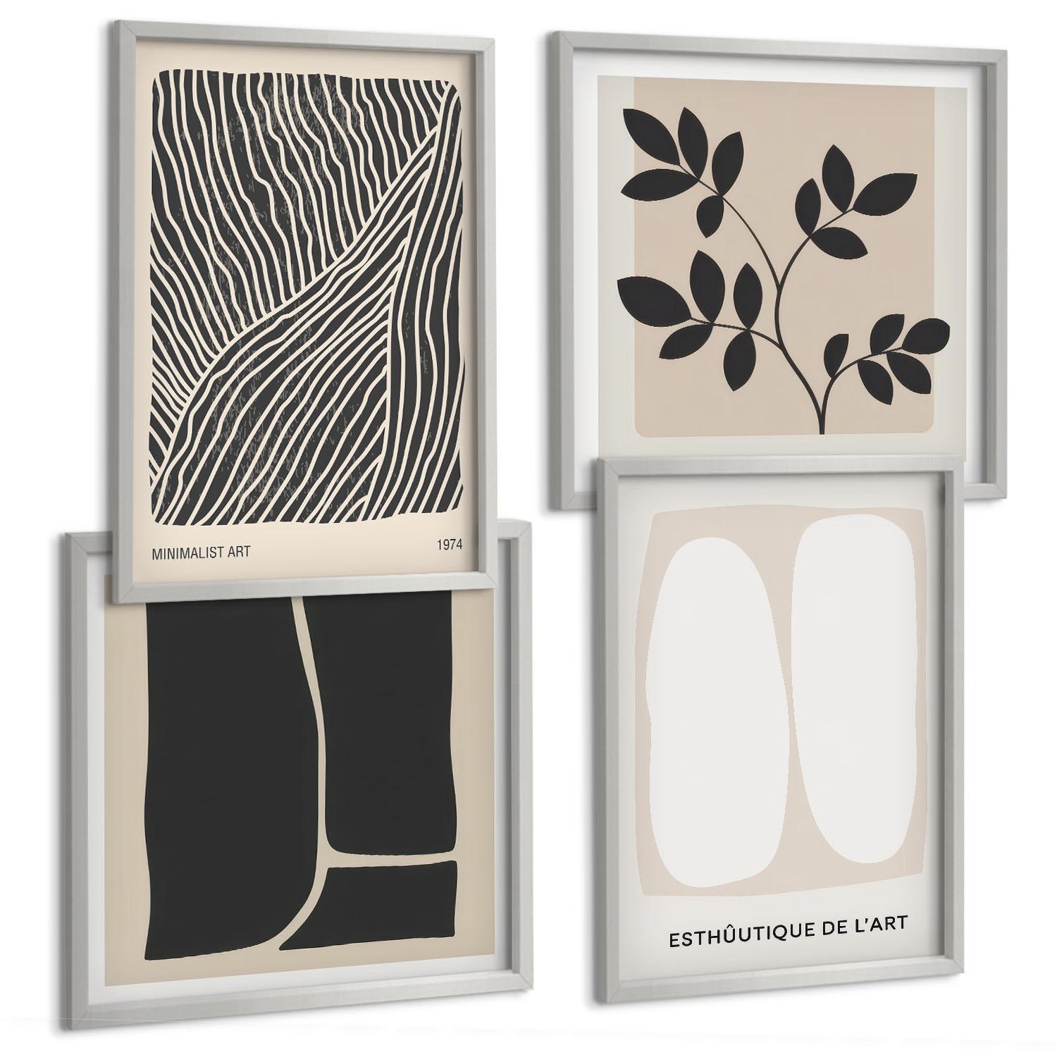 BILDER SET 4er Set - 50x50 cm & 40x60 cm Silberner Rahmen - Minimalistische Pflanzenmuster - Silberfarben, Kunststoff (50/50cm) - TULUP