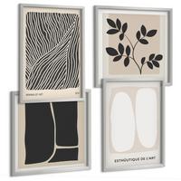 BILDER SET 4er Set - 50x50 cm & 40x60 cm Silberner Rahmen - Minimalistische Pflanzenmuster - Silberfarben, Kunststoff (50/50cm) - TULUP