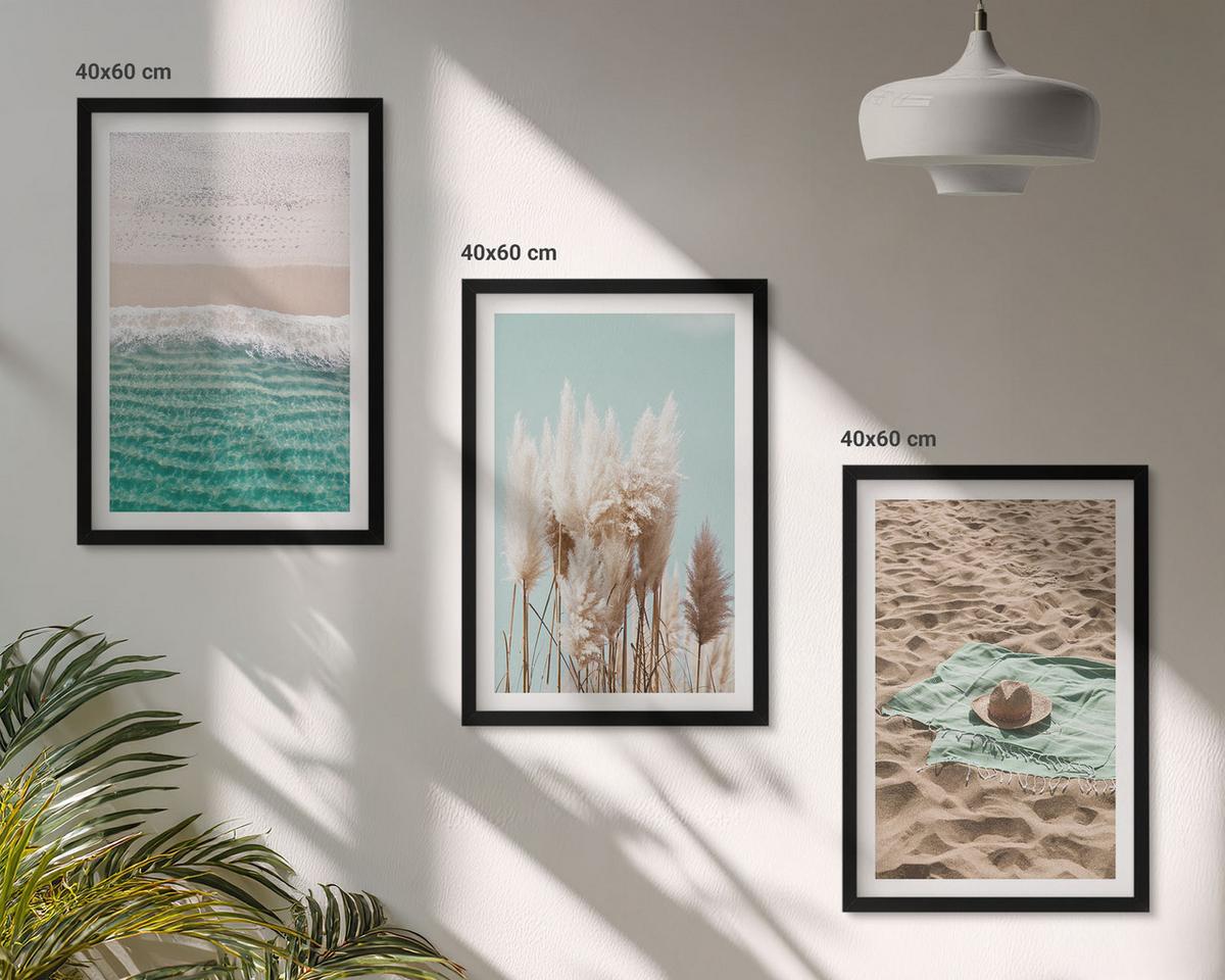 BILDER SET 3er Set - 40x60 cm Schwarzer Rahmen - Strandwellen Grashut - Schwarz, Kunststoff (40/60cm) - TULUP