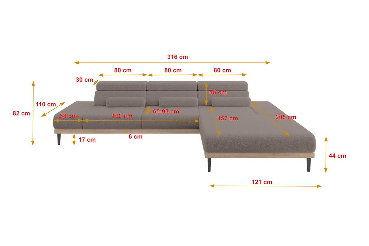 ELEKTRISCHES ECKSOFA Rechts MONA 316x205x85 Braun Bouclé - Dunkelbraun/Braun, Holzwerkstoff/Textil (316/205cm) - ALTDECOR