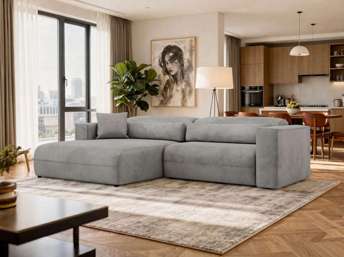 ECKSOFA PAZURRO L - Hellgrau Velvet - Links Seite - Hellgrau/Schwarz, Kunststoff/Textil (288/180cm) - MKS