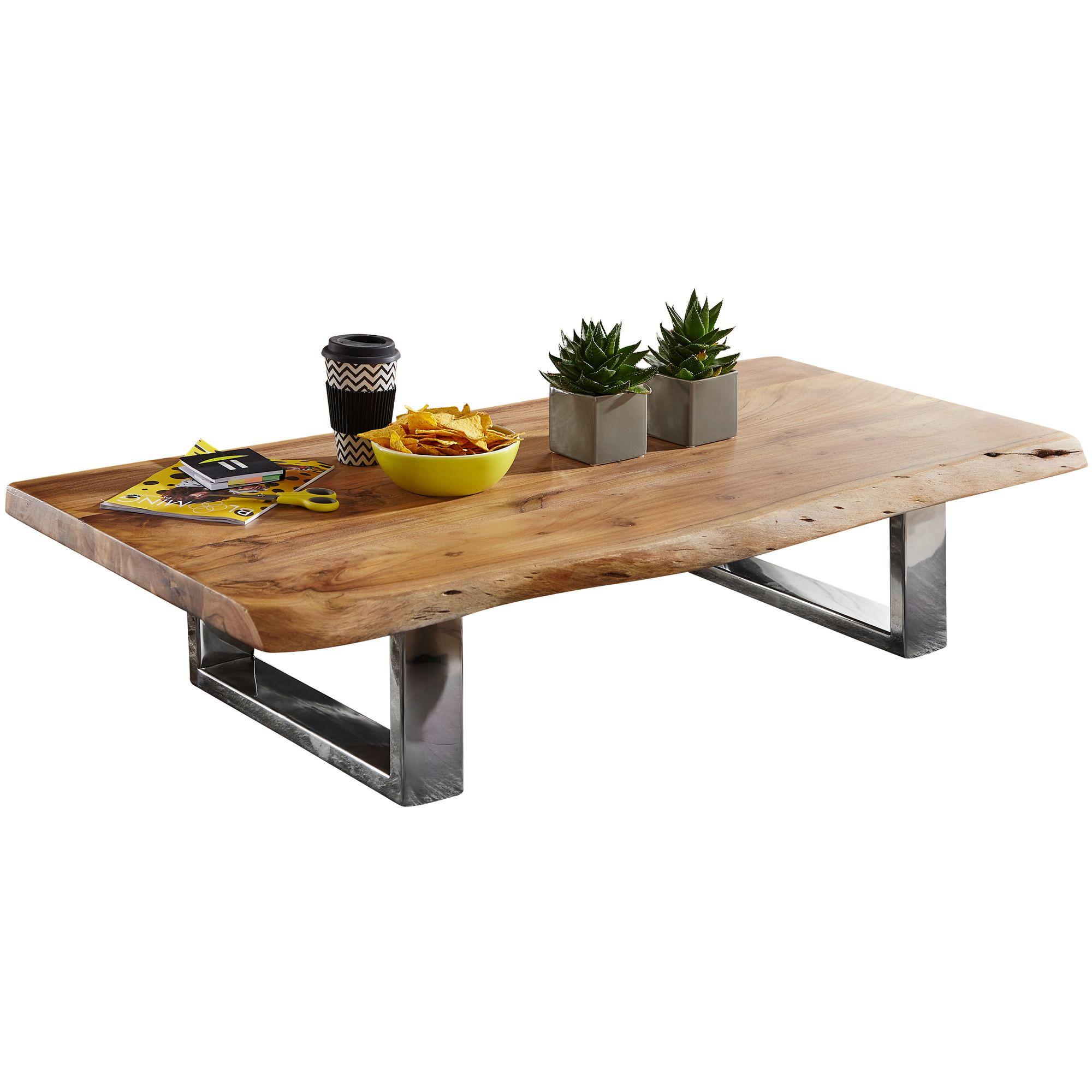 COUCHTISCH Braun Akazien-Massivholz mit Metallgestell, Baumkante, 115x25x58cm - Silberfarben/Akaziefarben, Holz/Metall (115/58/25cm) - KADIMA DESIGN