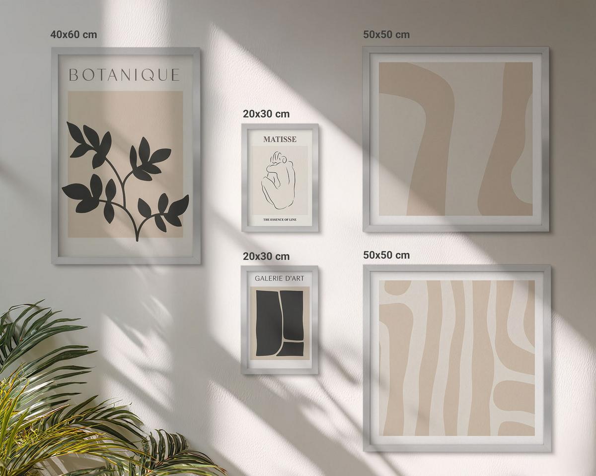 BILDER SET 5er Set - 50x50 cm & 20x30 cm & 40x60 cm Silberner Rahmen - Abstrakte Pflanzenmotive - Silberfarben, Kunststoff (40/60cm) - TULUP