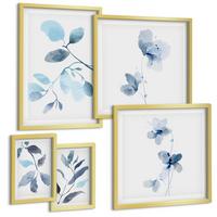 BILDER SET 5er Set - 50x50 cm & 20x30 cm & 40x60 cm Goldrahmen - Aquarell von blauen Blättern - Goldfarben, Kunststoff (40/60cm) - TULUP