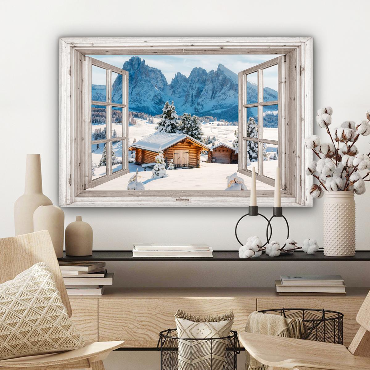 LEINWANDBILD Winterlandschaft - Hütte - Berge - Ausblicke - Aussicht - Natur Gemälde 60x40 cm - Weiß Hochglanz, Textil (60/40cm) - MuchoWow