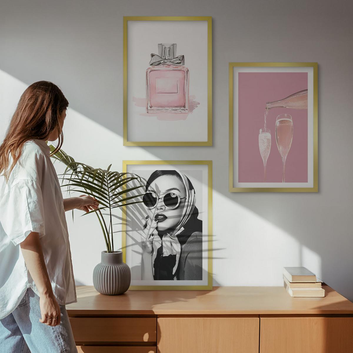 BILDER SET 3er Set - 40x60 cm Goldrahmen - Stilvolle pinkfarbene Accessoires - Goldfarben, Kunststoff (40/60cm) - TULUP
