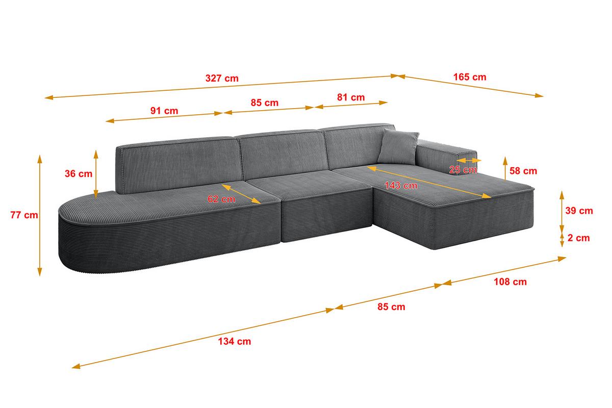 ECKSOFA Ottomane Rechts IREA-L2-v4 - 327x165x77 cm Duneklgrau - Dunkelgrau, Holzwerkstoff/Textil (327/165cm) - ALTDECOR