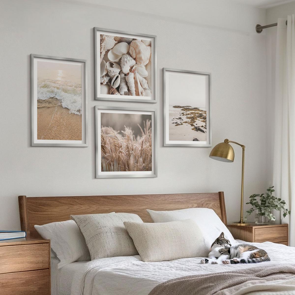 BILDER SET 4er Set - 50x50 cm & 40x60 cm Silberner Rahmen - Strandgras, Wellen, Steine, Boho-Stil - Silberfarben, Kunststoff (50/50cm) - TULUP