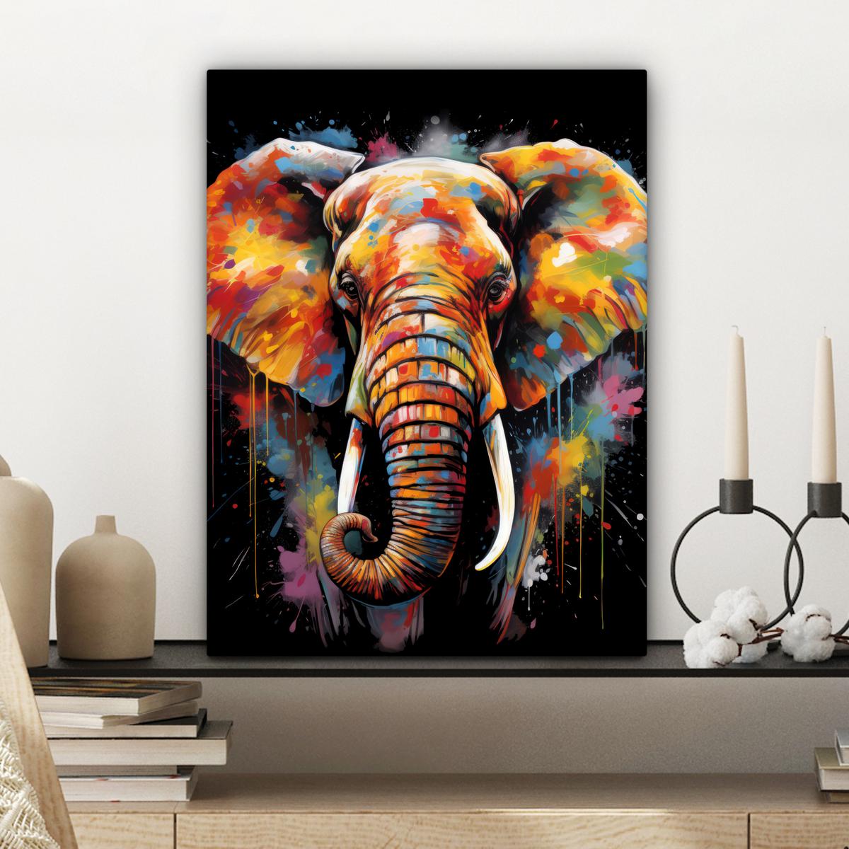 LEINWANDBILD Elefant - Graffiti - Schwarz - Tiere - Farben Room Decor 30x40 cm - Schwarz, Textil (30/40cm) - MuchoWow