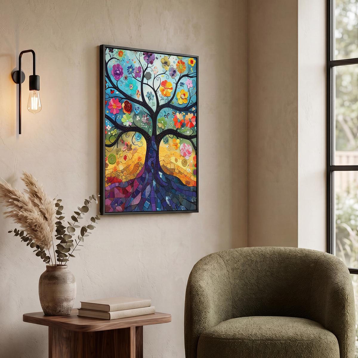 LEINWAND Bilder mit Rahmen - Kunst - Baum des Lebens - Blumen - Hippie - 50x70 - Dunkelblau, Textil (50/70cm) - MuchoWow