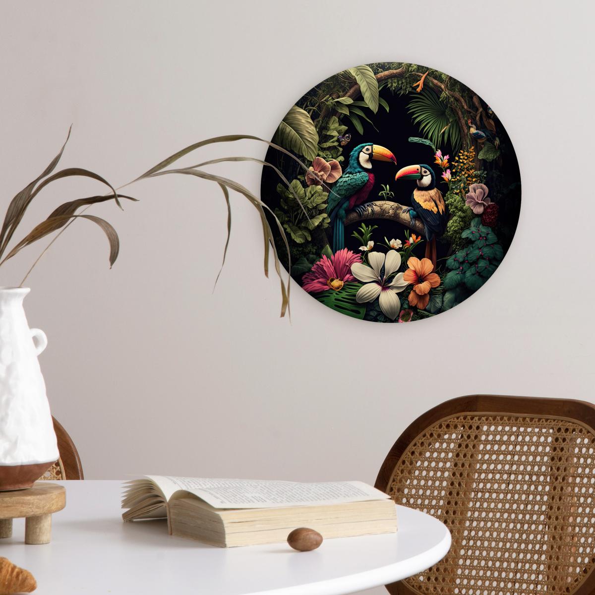 WANDBILD Vogel - Blumen - Pflanzen - Dschungel - Schwarz - Tukan Deko Wohnzimmer 30x30 cm - Smaragdgrün, Kunststoff (30/30cm) - MuchoWow