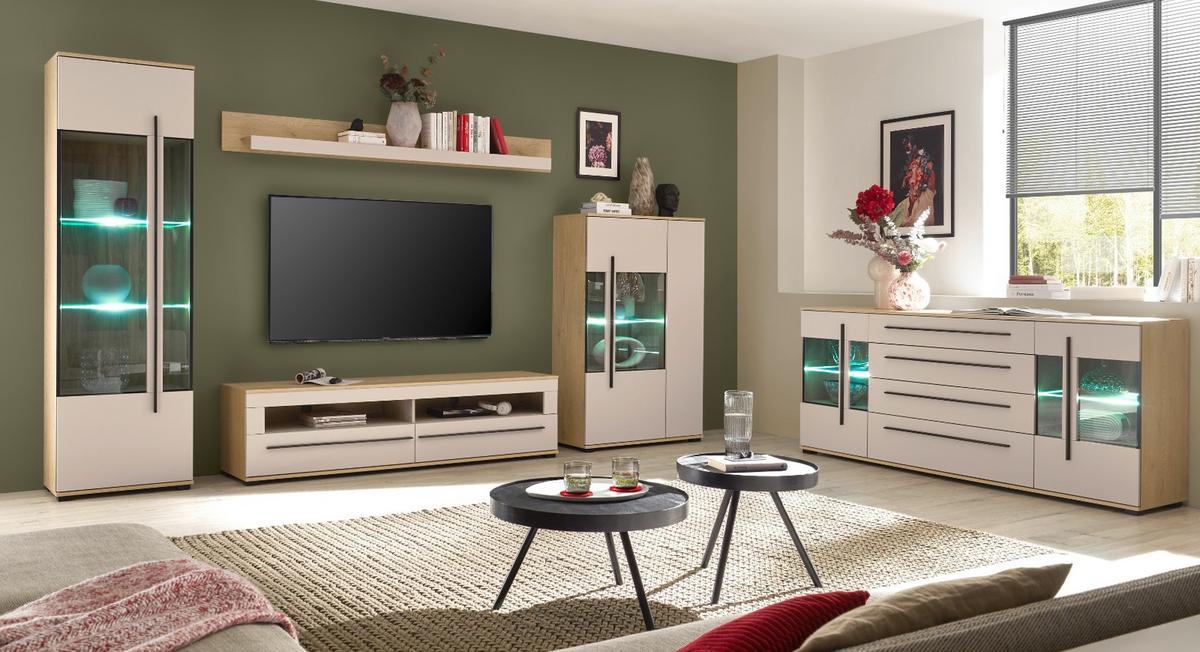 WOHNWAND Kaschmir, Eiche 4-teilig 240 cm, Wohnkombination mit Soft-Close - Kaschmir/Eichefarben, Glas/Holzwerkstoff (240/200/42cm) - Furn.Design