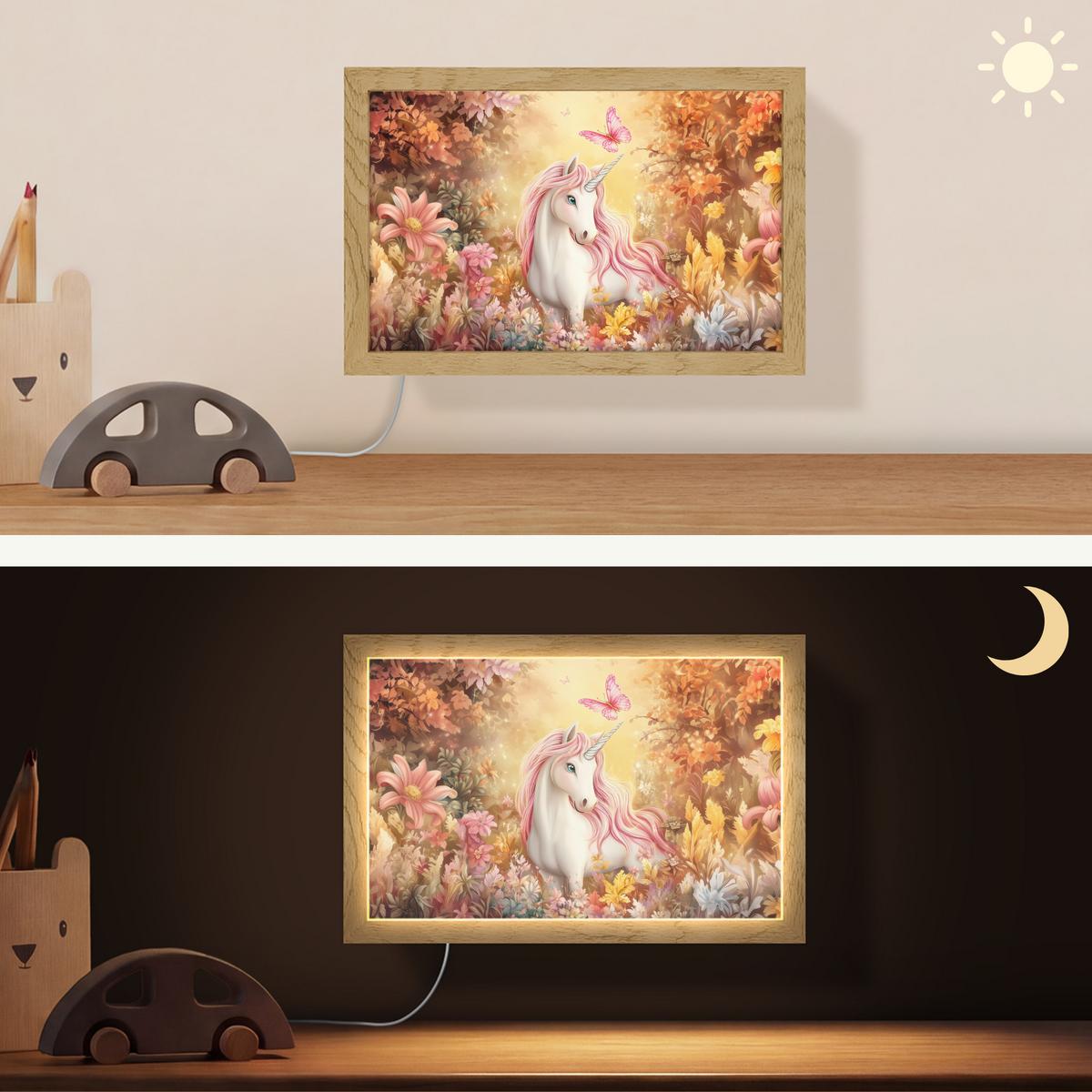 WANDLEUCHTE Einhorn - Blumen - Schmetterling - Rosa 30x20 cm - Beige, Holzwerkstoff (30/20/8cm) - OnlyWow