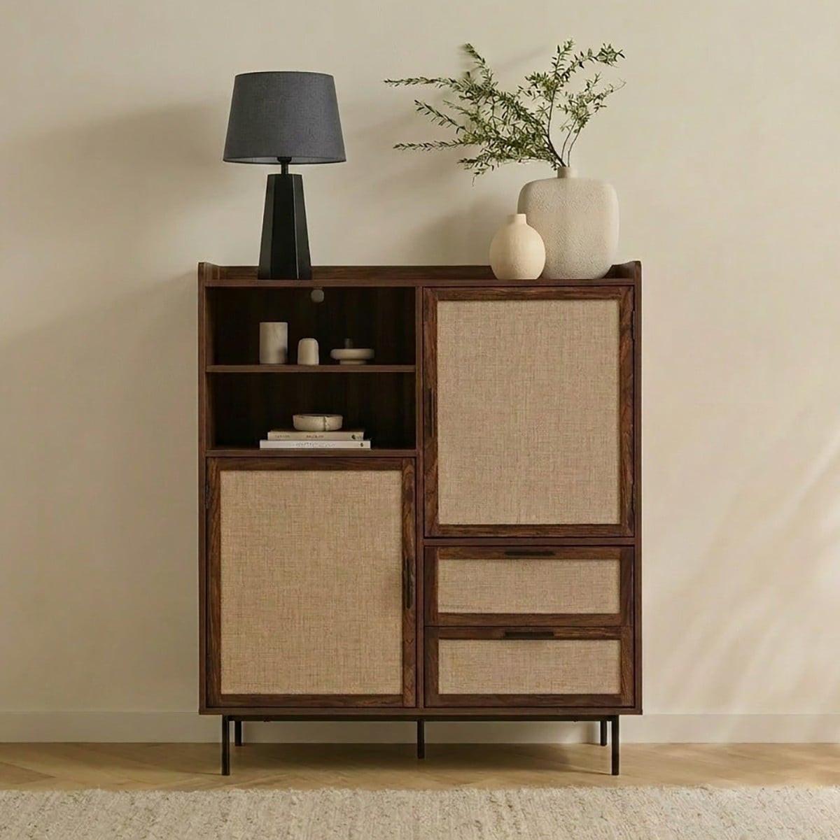 HIGHBOARD 2 Türen 2 Schubladen aus Textil und Walnuss-Dekor 120/40/80 cm - Nussbaumfarben, Holzwerkstoff (39.5/120/47cm) - Calicosy