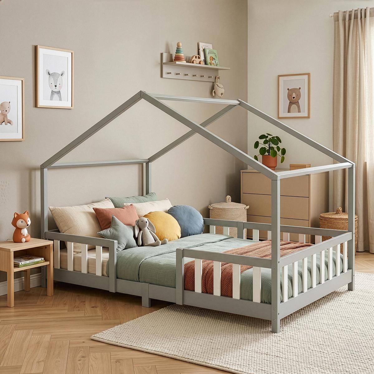 HAUSBETT Treviolo - Hellgrau/Weiß, Holz (120/200cm) - [en.casa]