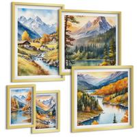 BILDER SET 5er Set - 50x50 cm & 20x30 cm & 40x60 cm Goldrahmen - Bergblick, Fluss, Herbst - Goldfarben, Kunststoff (40/60cm) - TULUP