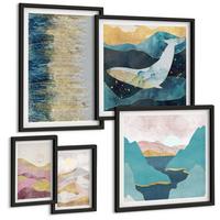 BILDER SET 5er Set - 50x50 cm & 20x30 cm & 40x60 cm Schwarzer Rahmen - Abstrakte Berge Sonne - Schwarz, Kunststoff (40/60cm) - TULUP