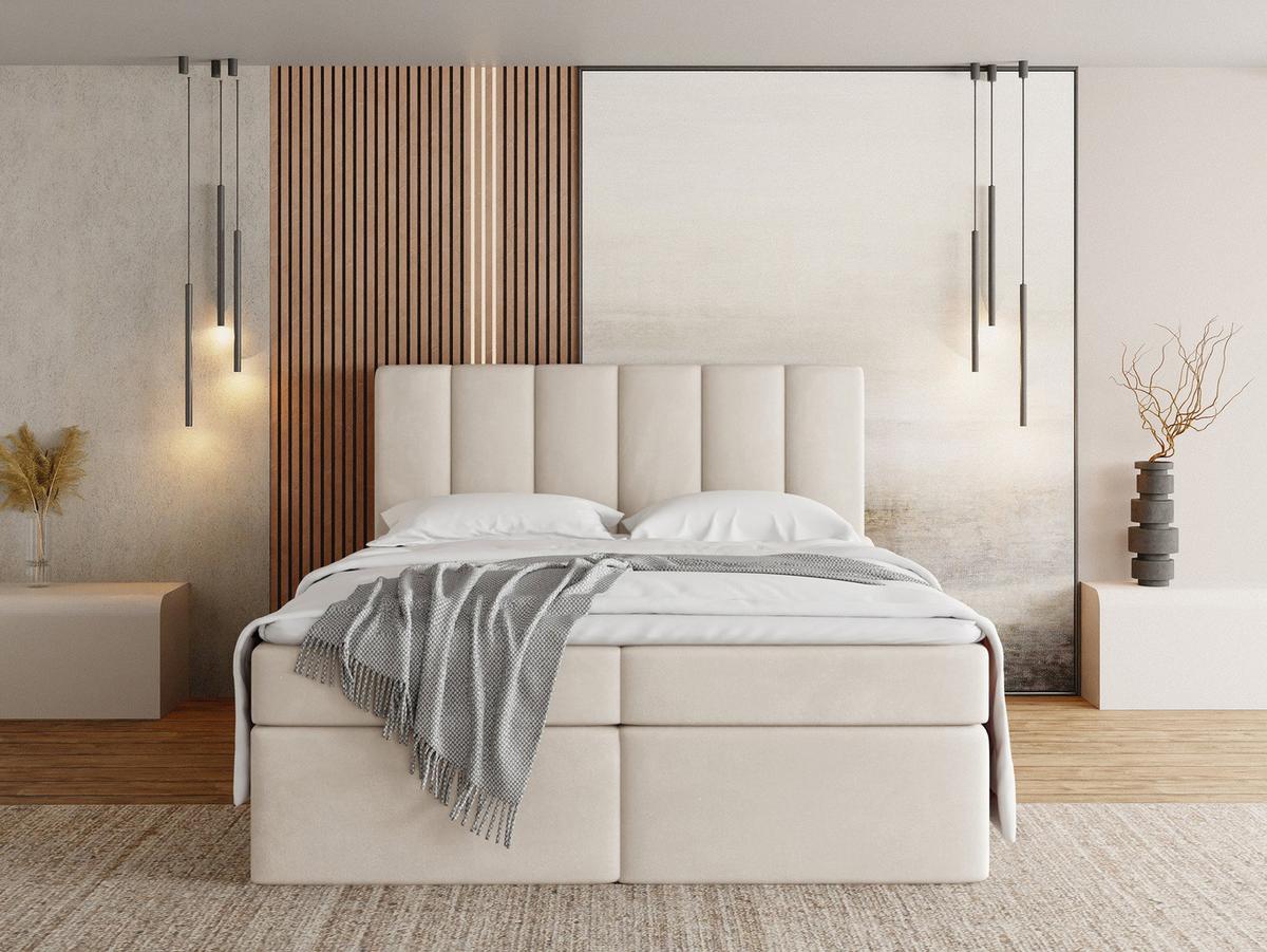 BOXBETT Amira mit Bettkasten, Samt Creme, Beige 180/200 cm – 7-Zonen Taschenfederkern-Matratze & Komfortschaum-Topper - Beige/Creme, Holz/Holzwerkstoff (180/200cm) - WFL GROUP