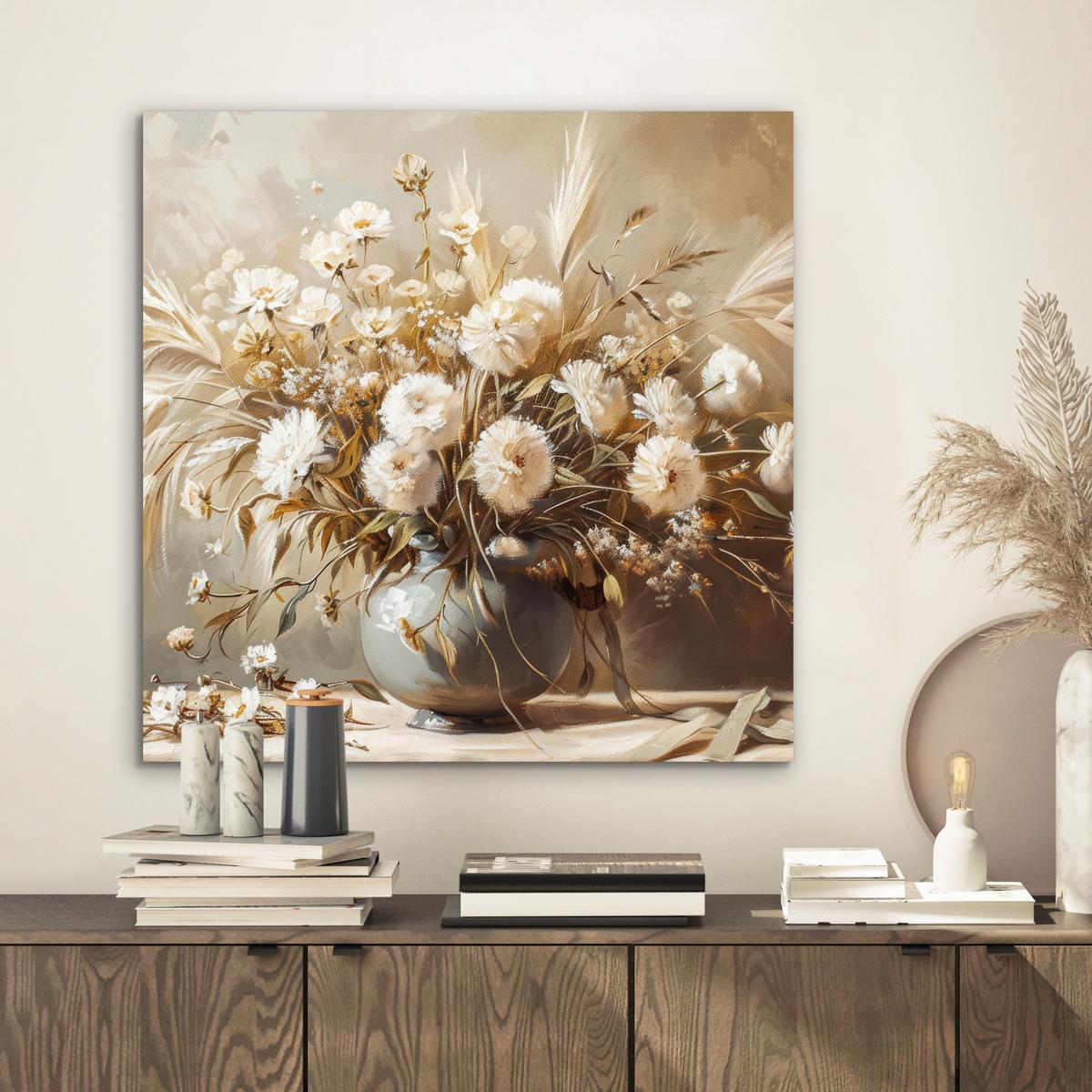 METALLBILD Blumen - Vase - Stilleben - Beige 50x50 cm - Creme, Metall (50/50cm) - MuchoWow