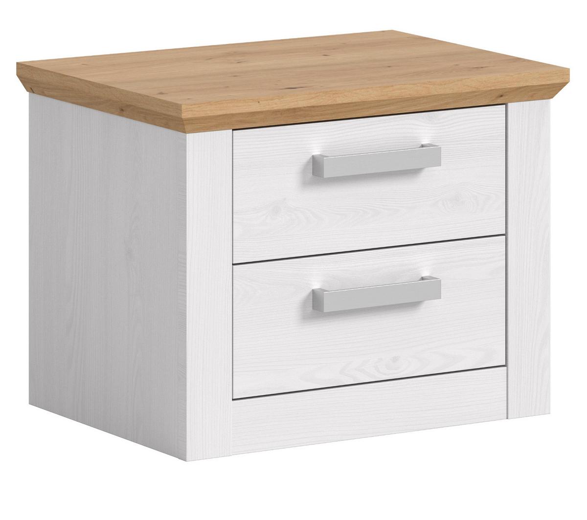 NACHTTISCH weiß Lärche, Eiche Artisan Landhaus 56 x 43 cm, Nachtkommode mit Schubkästen - Eichefarben/Silberfarben, Holzwerkstoff/Kunststoff (56/43/39cm) - Inn.Furn