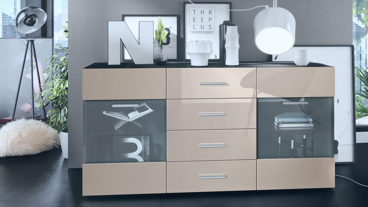 SIDEBOARD Carlos Sandgrau Hochglanz - Sandfarben, Holzwerkstoff (139/72/35cm) - Vladon