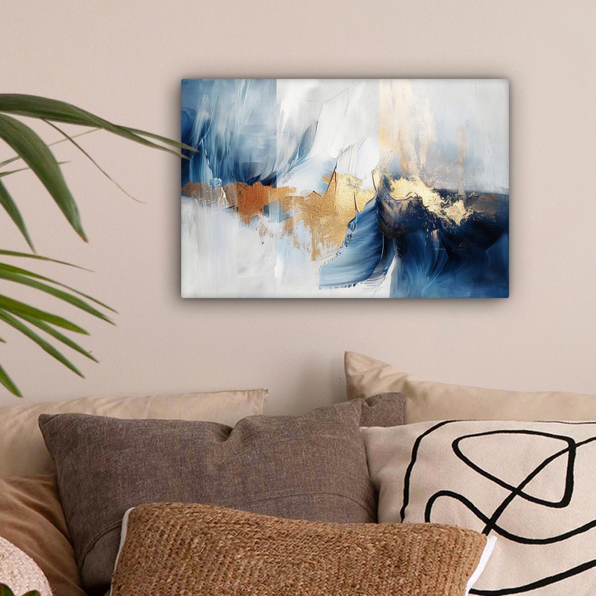 LEINWANDBILD Gold - Blau - Aquarell - Kunst - Modern Deko Schlafzimmer 30x20 cm - Hellblau, Textil (30/20cm) - MuchoWow