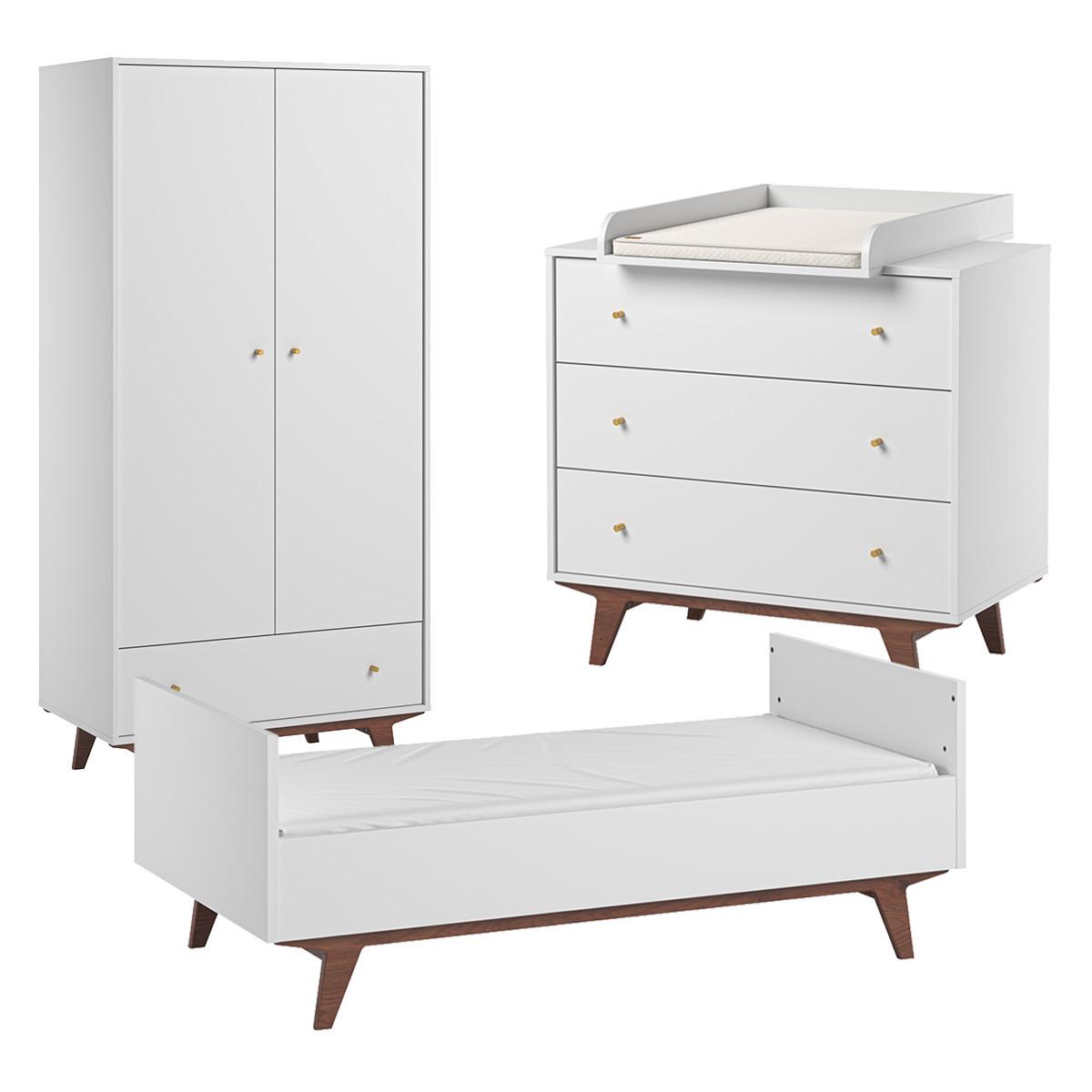 BABYZIMMER 3-teilig Mid Weiß und Holz - Weiß, Holzwerkstoff (144/90/75cm) - Petits-meubles