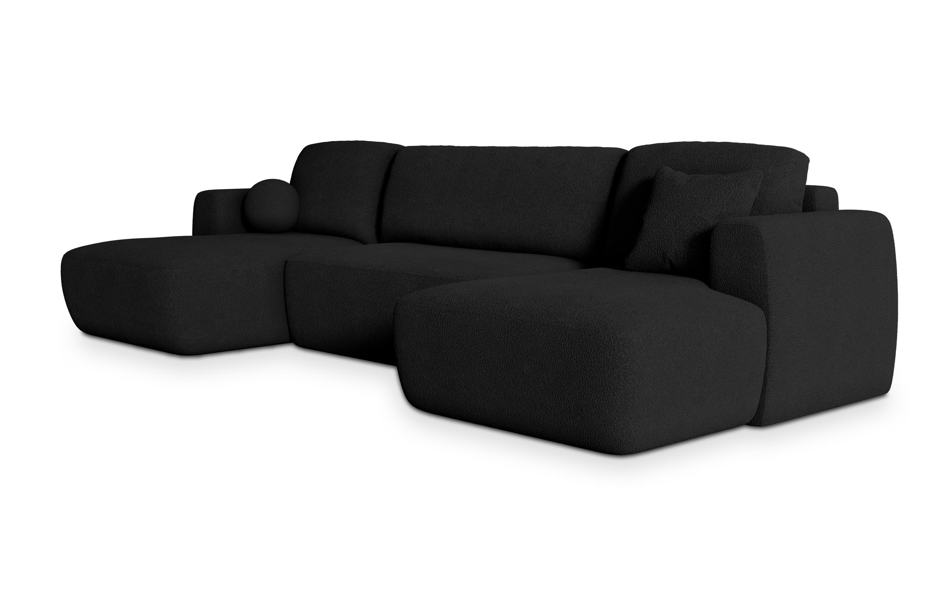 WOHNLANDSCHAFT SENTUM N Schwarz Boucle-Stoff mit Schlaffunktion - Schwarz, Holz/Kunststoff (330/90/148cm) - MASSENO