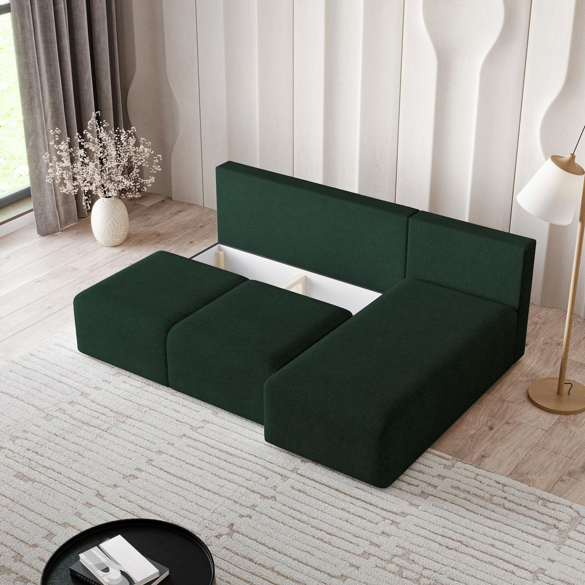 ECKSOFA TRAMA Grün Geflochtener Stoff mit Schlaffunktion - Grün, Holz (200/143cm) - MASSENO