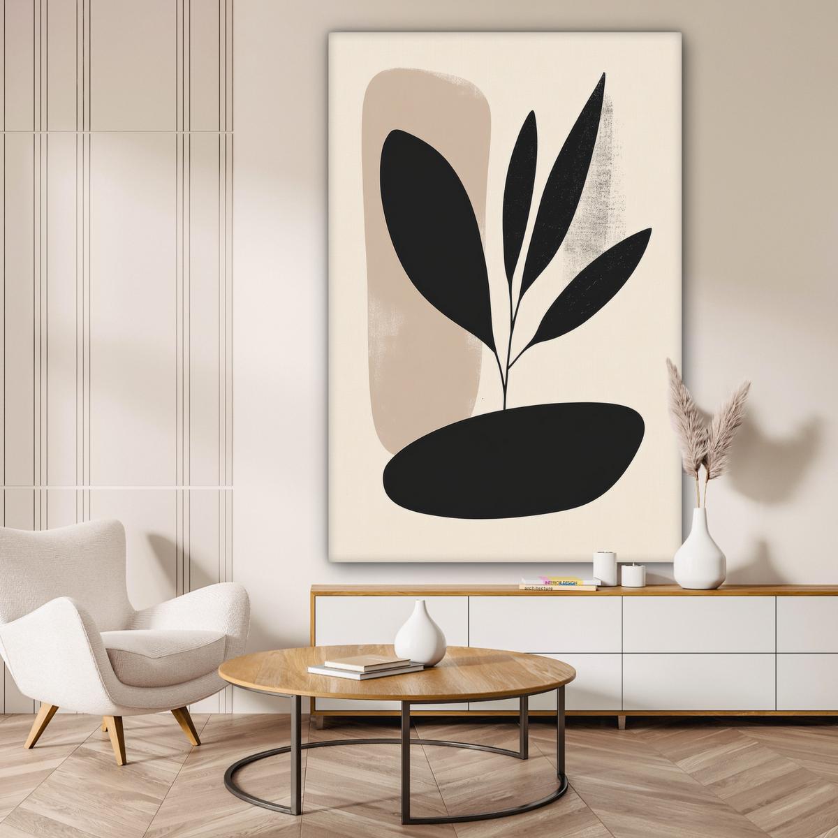LEINWANDBILD Pflanze - Beige - Japanisch Deko Groß 90x140 cm - Schwarz, Textil (90/140cm) - MuchoWow