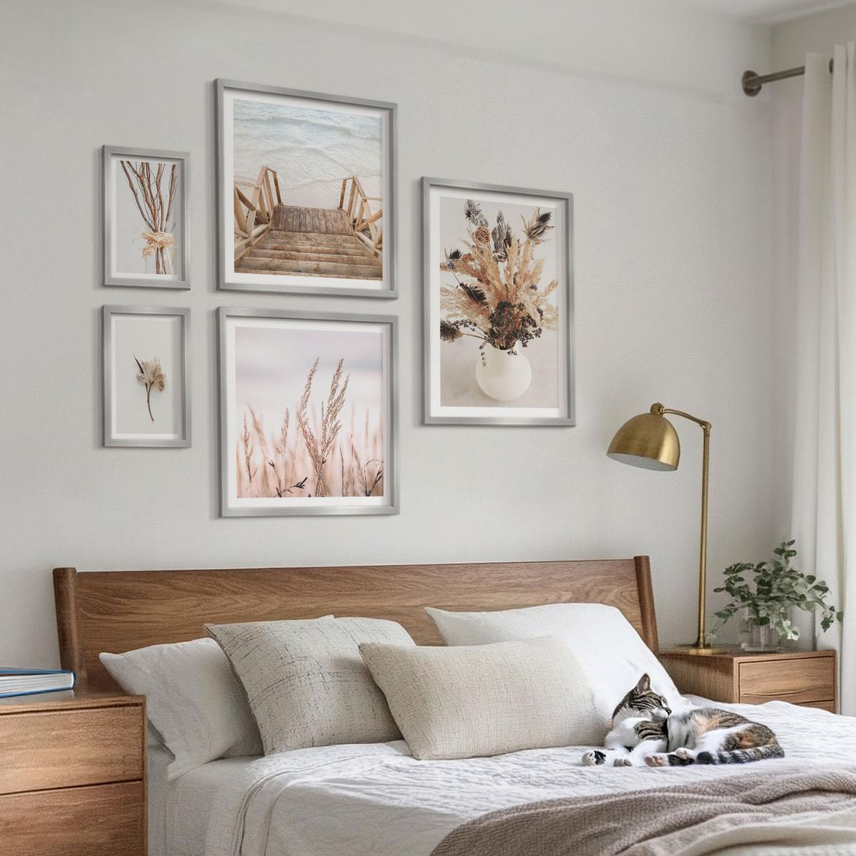 BILDER SET 5er Set - 50x50 cm & 20x30 cm & 40x60 cm Silberner Rahmen - Blumenzweige Minimalismus Natur - Silberfarben, Kunststoff (40/60cm) - TULUP