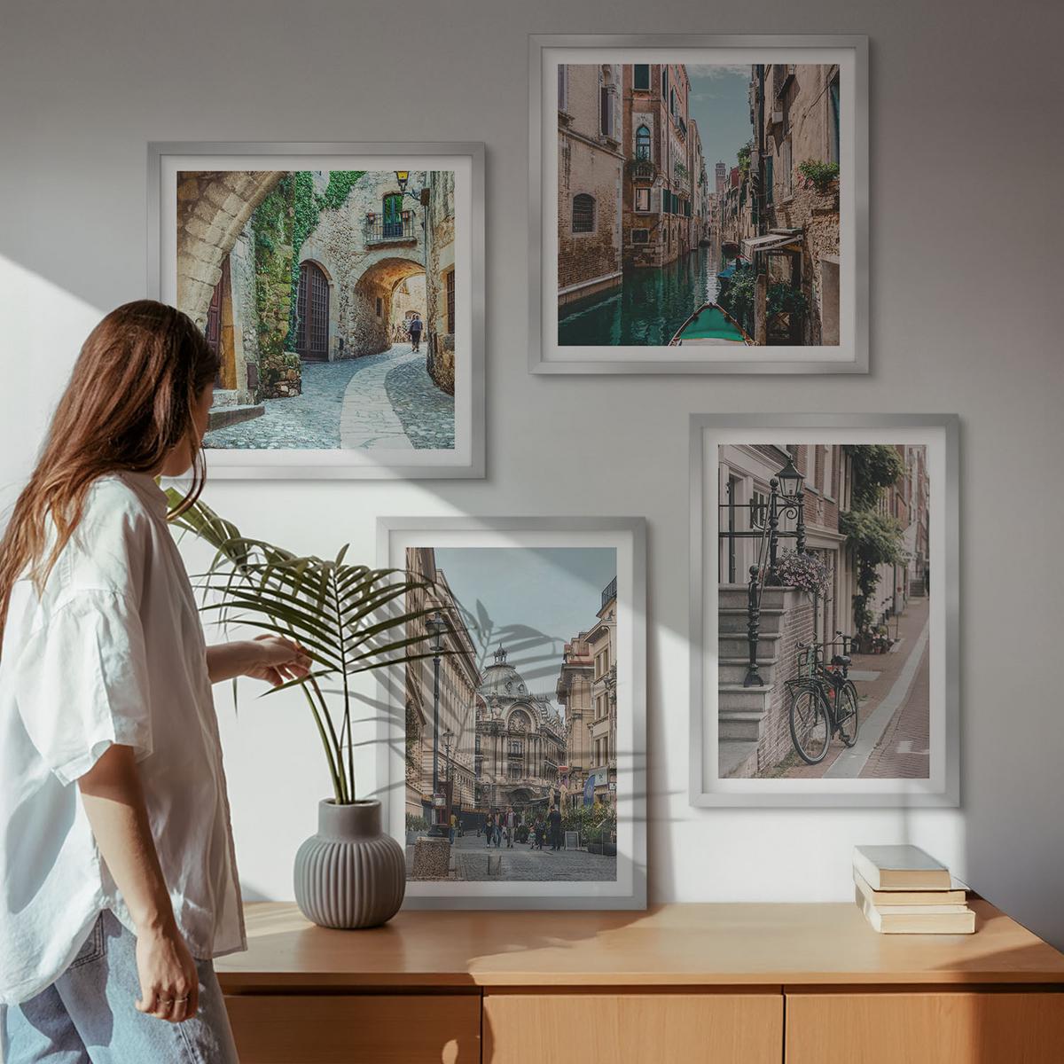BILDER SET 4er Set - 50x50 cm & 40x60 cm Silberner Rahmen - Venezianische Straßen Wasserarchitektur - Silberfarben, Kunststoff (50/50cm) - TULUP