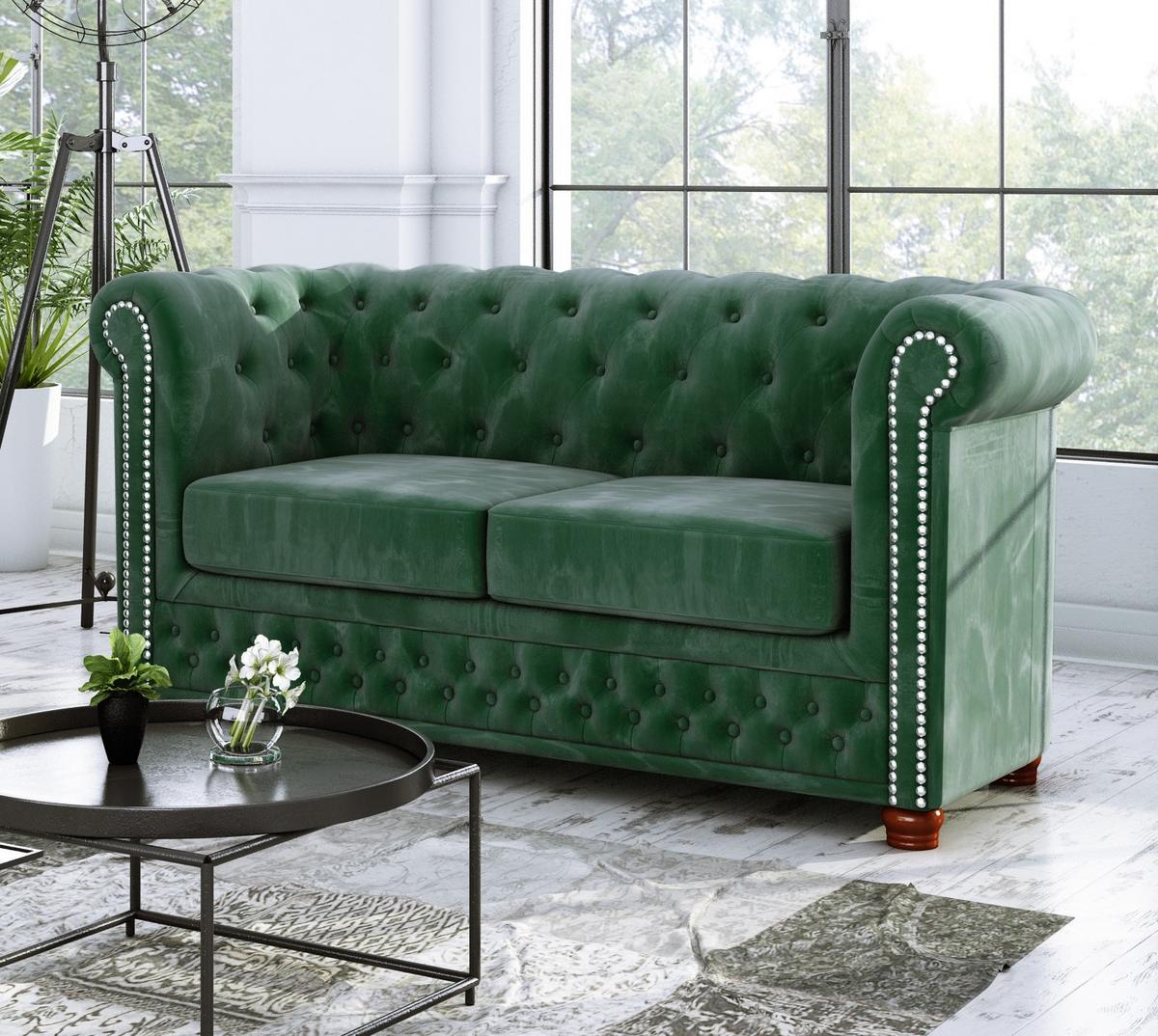 CHESTERFIELD-SOFA 2-sitzer Lauren Flasche grün Samt - Smaragdgrün/Braun, Holz/Textil (148/72/86cm) - S-Style Möbel