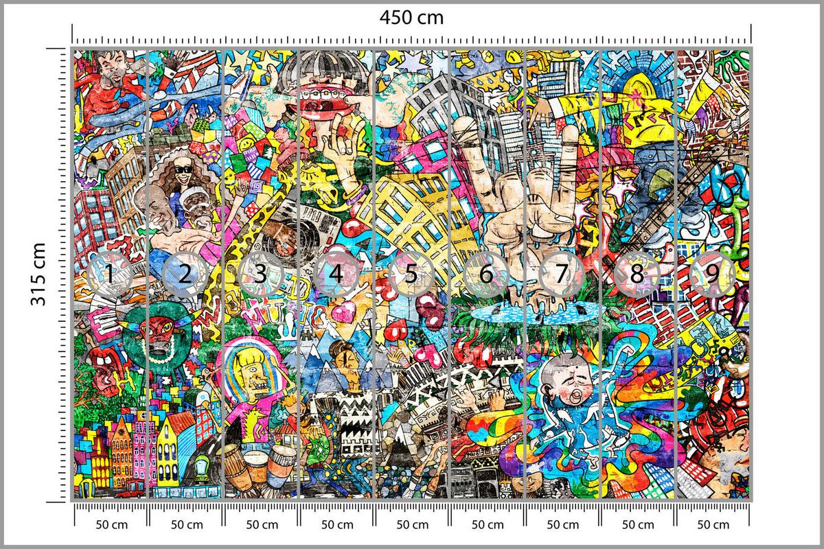 FOTOTAPETE für Jugendzimmer Buntes Graffiti Streetart Bunt 450x315 - Türkis/Gelb, Papier (450/315cm) - Muralo