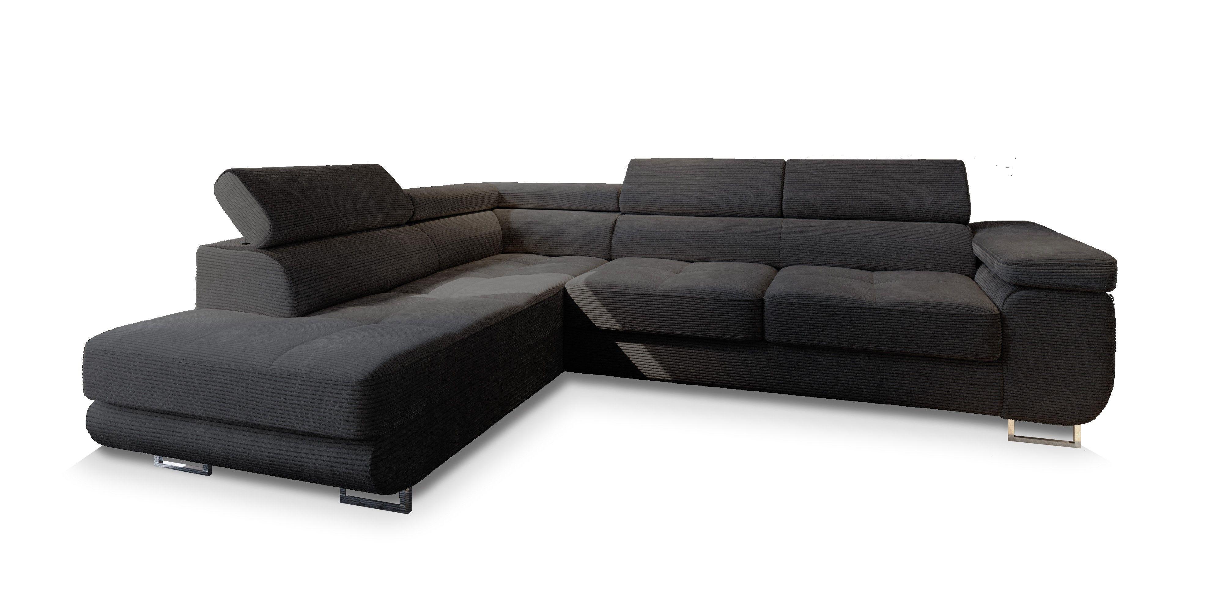 ECKSOFA APIRO L-S Schwarz Kordstoff mit Schlaffunktion - Silberfarben/Schwarz, Holz/Textil (276/202cm) - MASSENO