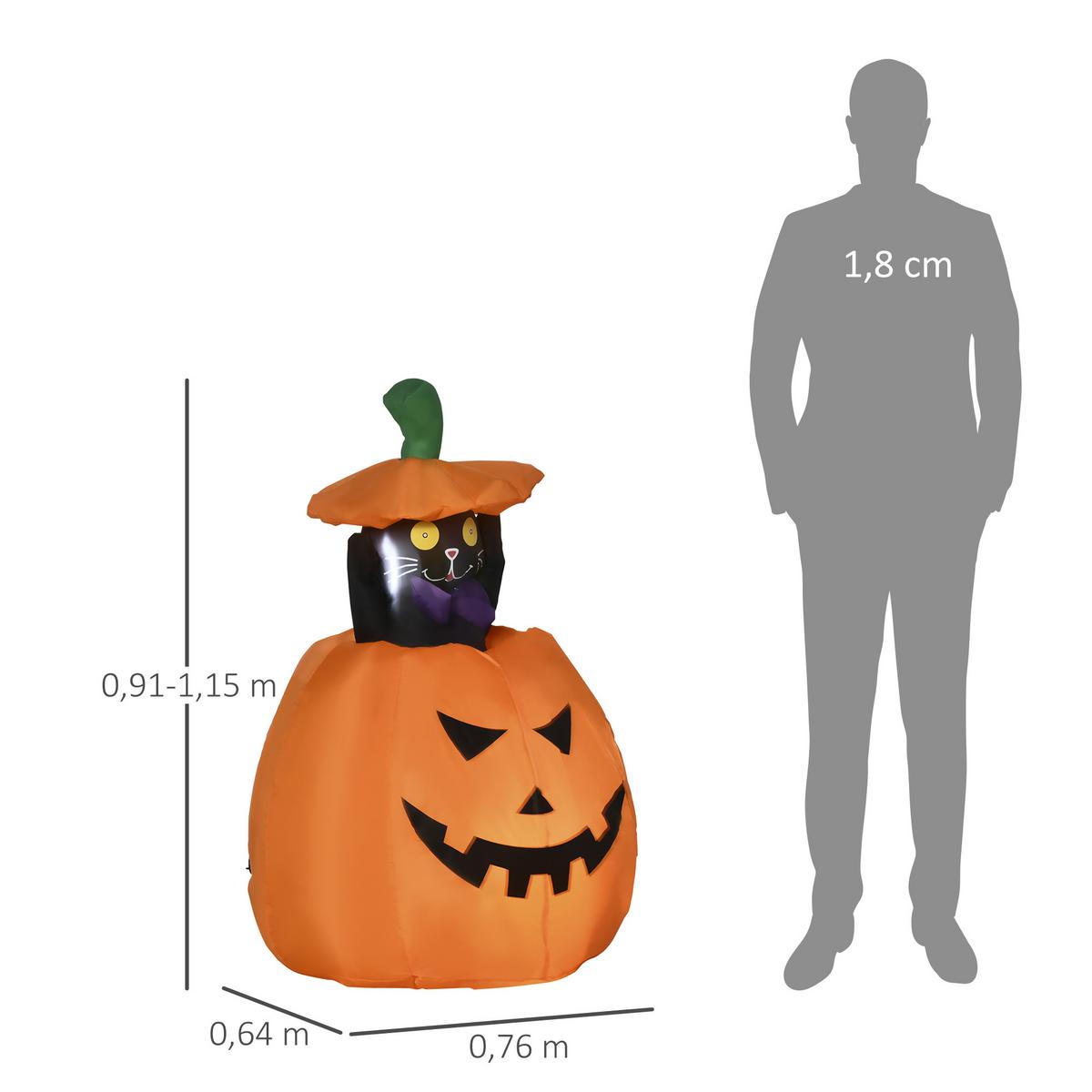 115 cm Halloween Deko Aufblasbar Kürbisgeist mit beweglicher Katze mit LED - Orange, Kunststoff (64/115/76cm) - Outsunny