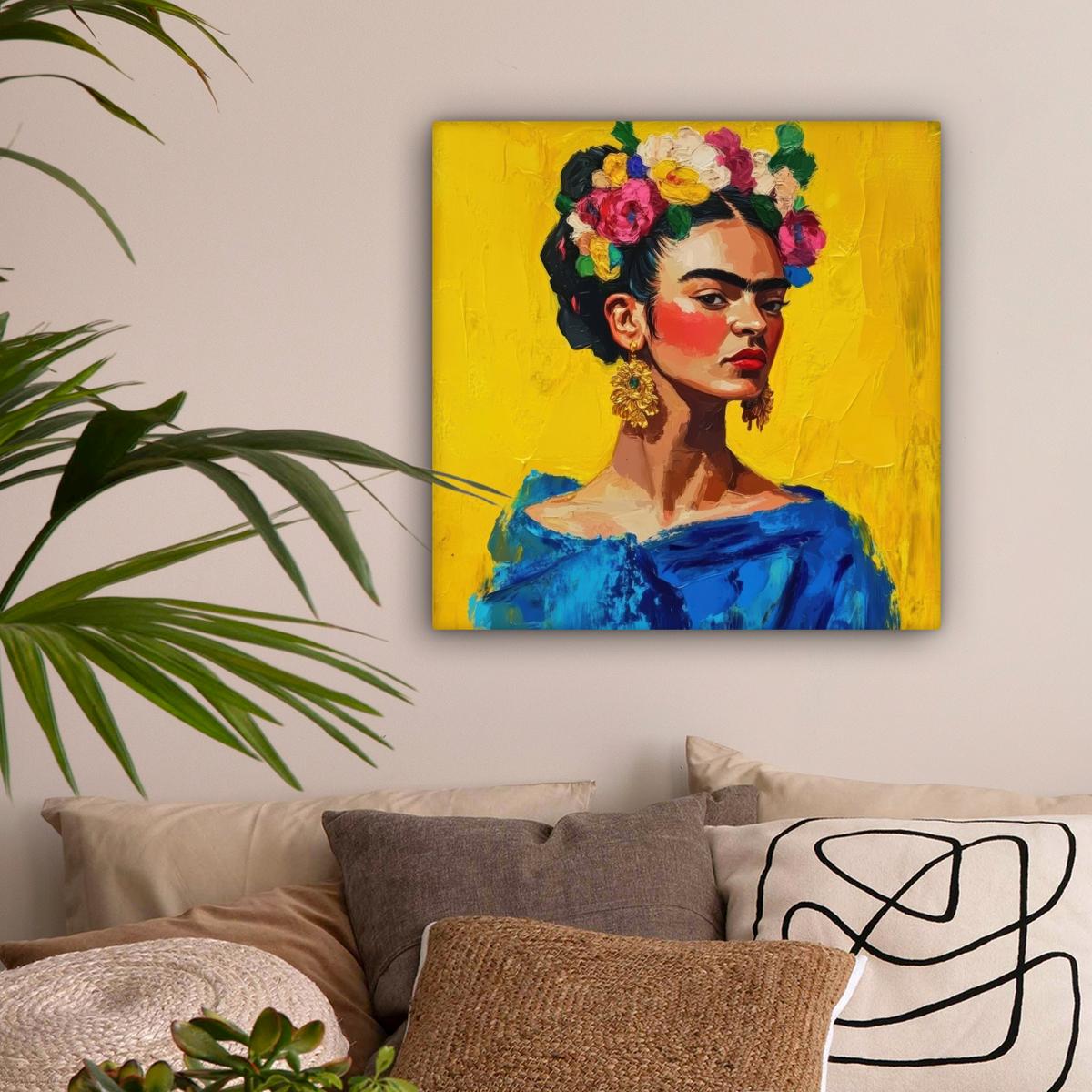 LEINWANDBILD Frida Kahlo - Frau - Gelb - Blau - Blumen Wandbild Wohnzimmer 50x50 cm - Gelb, Textil (50/50cm) - MuchoWow