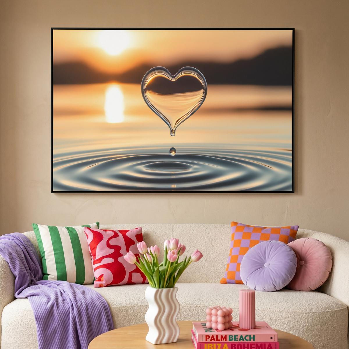 LEINWAND Bilder mit Rahmen - Herz - Wasser - Sonnenuntergang - Natur - Zen - 120x80 - Bernsteinfarben, Textil (120/80cm) - MuchoWow