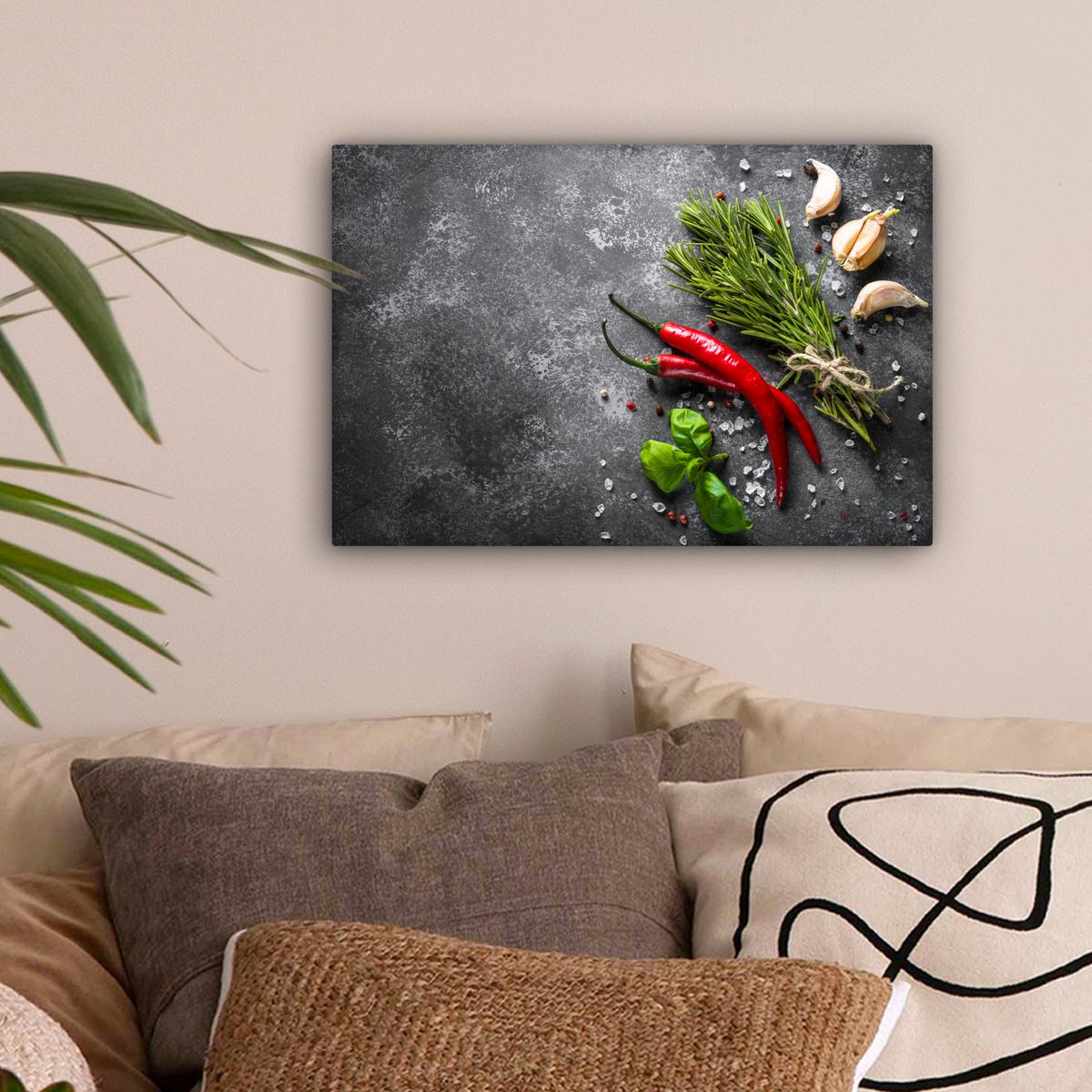 LEINWANDBILD Pfeffer - Kräuter - Gewürze - Beton Deko Schlafzimmer 30x20 cm - Dunkelgrau, Textil (30/20cm) - MuchoWow