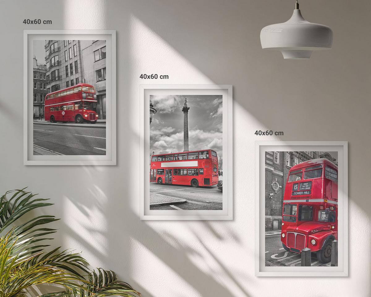 BILDER SET 3er Set - 40x60 cm Weißer Rahmen - Rote Busse in London - Weiß, Kunststoff (40/60cm) - TULUP