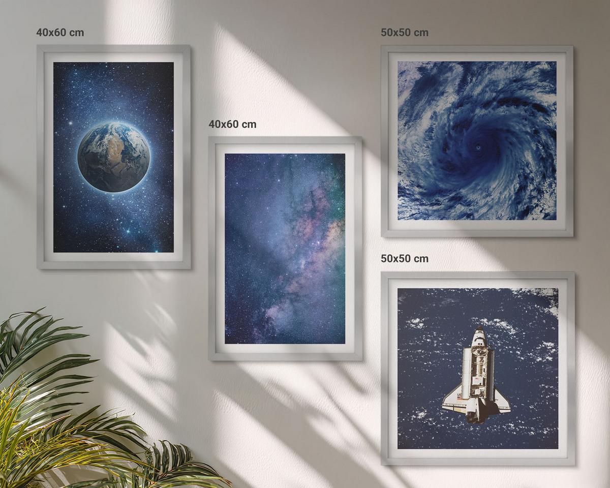 BILDER SET 4er Set - 50x50 cm & 40x60 cm Silberner Rahmen - Erde Weltraumsturm Galaxie - Silberfarben, Kunststoff (50/50cm) - TULUP
