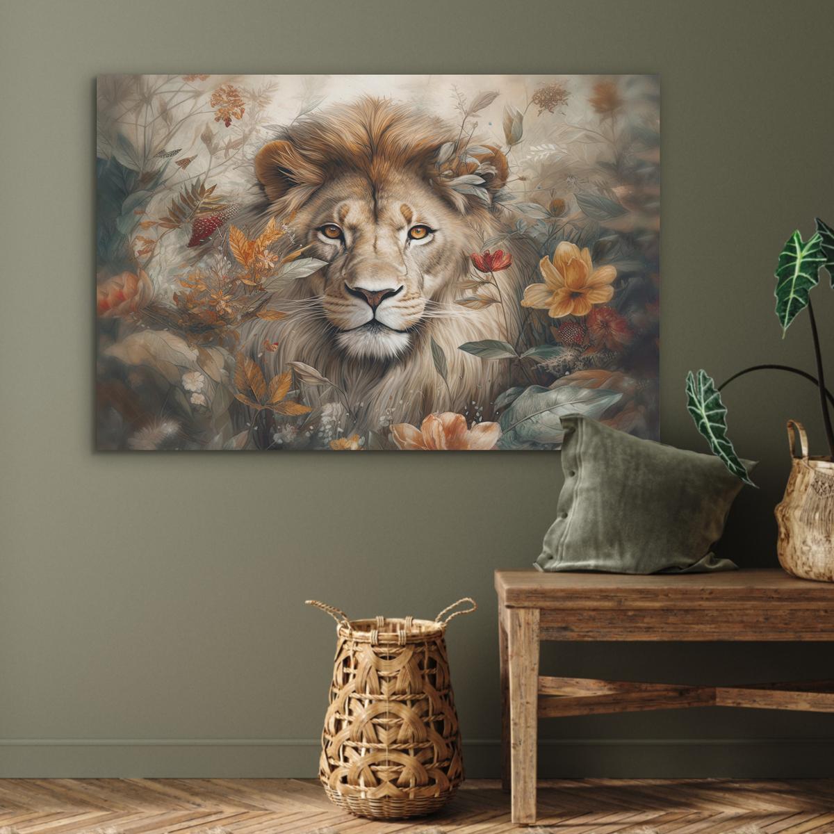 AKUSTIKBILD Löwe - Wildtiere - Pflanzen - Natur - Blumen Wandbild Wohnzimmer 100x70 cm - Beige, Kunststoff (100/70/0.9cm) - MuchoWow