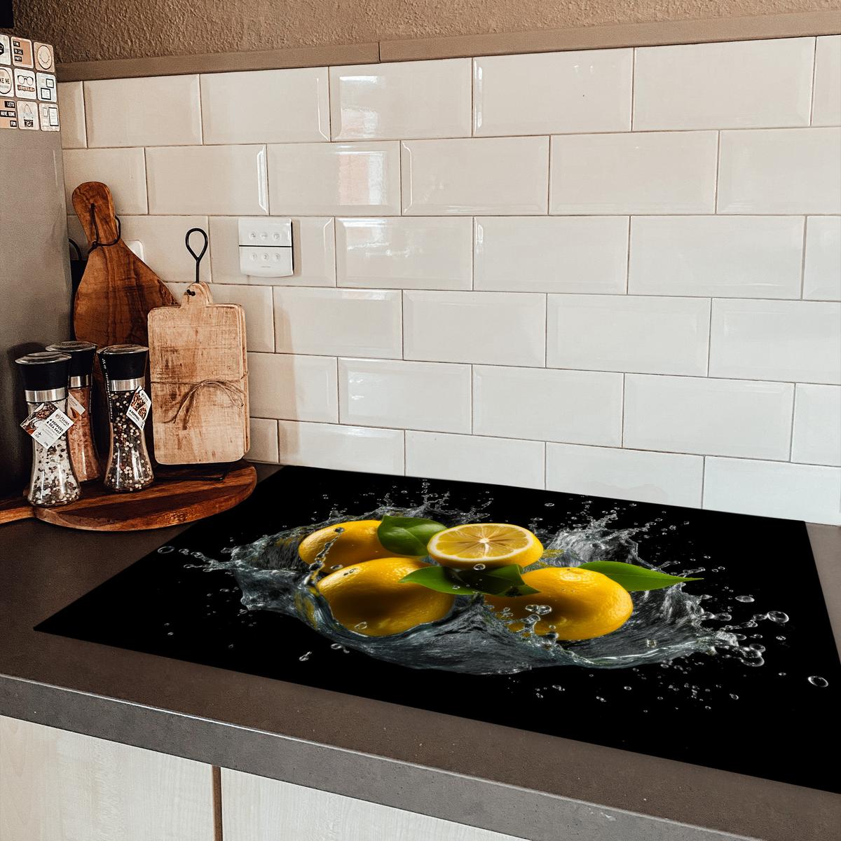 HERDABDECKPLATTE Zitrone - Obst - Gelb - Schwarz Ceranfeldabdeckung 80x52 cm - Gelb, Kunststoff (80/52/0.2cm) - MuchoWow