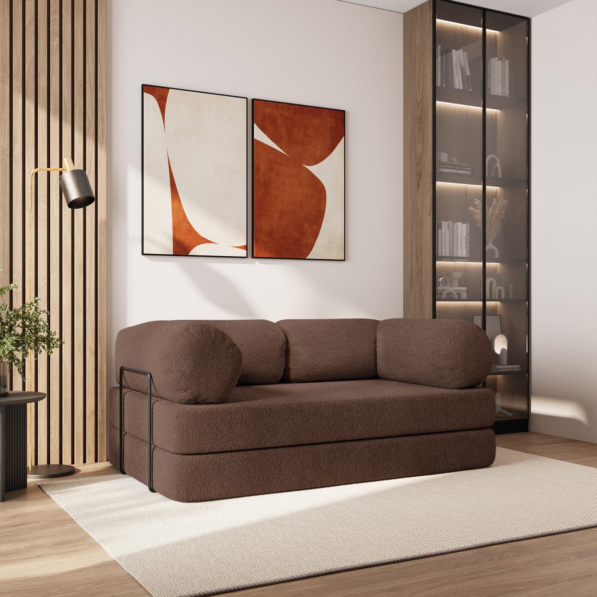BETTSOFA EIREN aus Schaumstoff Bucle-Stoff Braun Schlaffunktion - Braun, Textil (170/68/80cm) - MASSENO