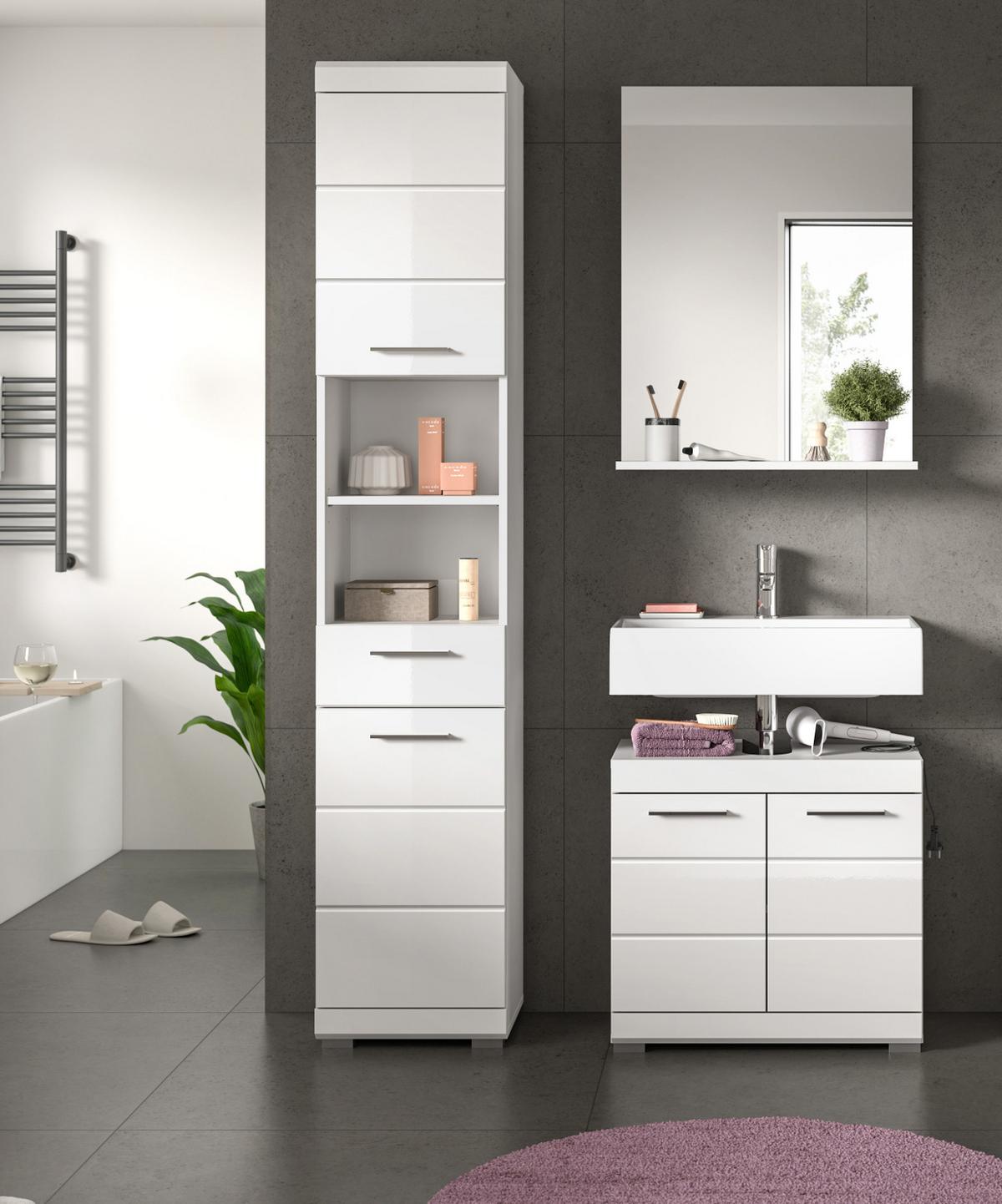 HOCHSCHRANK weiß Hochglanz 37 cm, Badschrank mit 6 Fächern - Weiß Hochglanz/Silberfarben, Holzwerkstoff/Kunststoff (37/191/31cm) - Inn.Furn